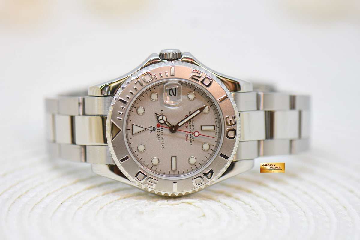 [SOLD] ROLEX OYSTER PERPETUAL YACHT-MASTER 35mm LADIES MIDSIZE STEEL IN BRACELET PLATINUM DIAL / BEZEL 168622 (MINT)