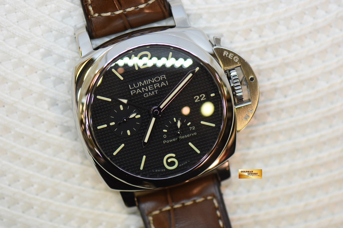 [SOLD] PANERAI LUMINOR 1950 42mm GMT 3 DAYS POWER RESERVE STEEL IN LEATHER P.9002 HOBNAIL DIAL AUTOMATIC PAM 537 (MINT)