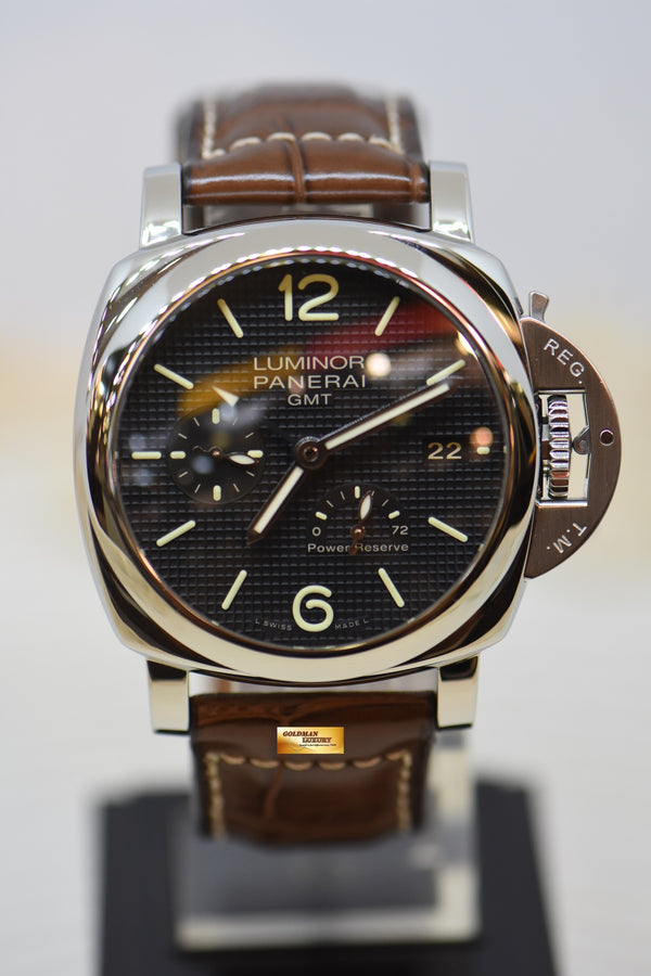 [SOLD] PANERAI LUMINOR 1950 42mm GMT 3 DAYS POWER RESERVE STEEL IN LEATHER P.9002 HOBNAIL DIAL AUTOMATIC PAM 537 (MINT)