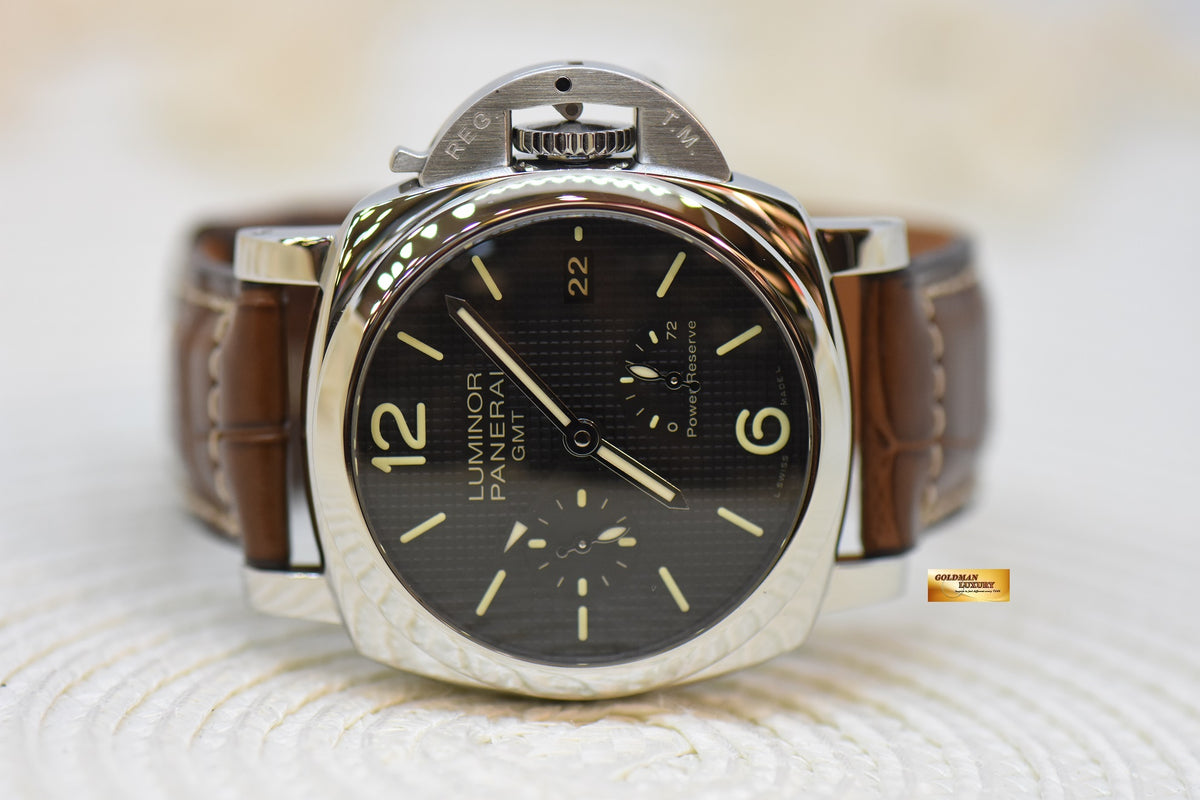 [SOLD] PANERAI LUMINOR 1950 42mm GMT 3 DAYS POWER RESERVE STEEL IN LEATHER P.9002 HOBNAIL DIAL AUTOMATIC PAM 537 (MINT)