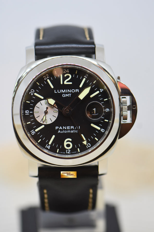 [SOLD] PANERAI LUMINOR GMT 44mm STEEL IN LEATHER BLACK DIAL AUTOMATIC PAM 88 (MINT)