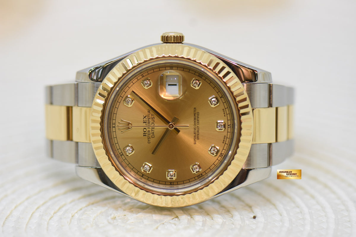 [SOLD] ROLEX OYSTER PERPETUAL DATEJUST II 41mm GOLD / STEEL IN OYSTER BRACELET GOLD DIAMOND DIAL 116333 (MINT)