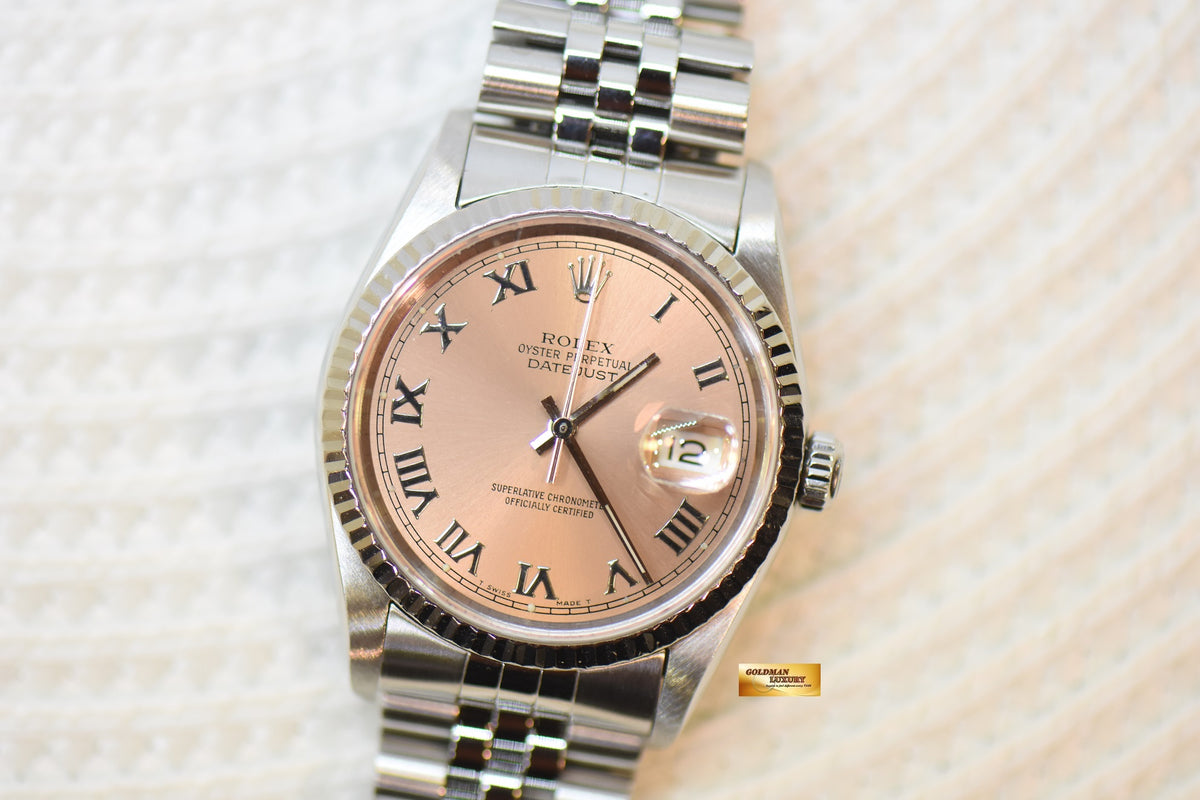 [SOLD] ROLEX OYSTER DATEJUST 36mm STEEL IN JUBILEE BRACELET SALMON ROMAN DIAL 16234 (QUICKSET-DATE) (MINT)