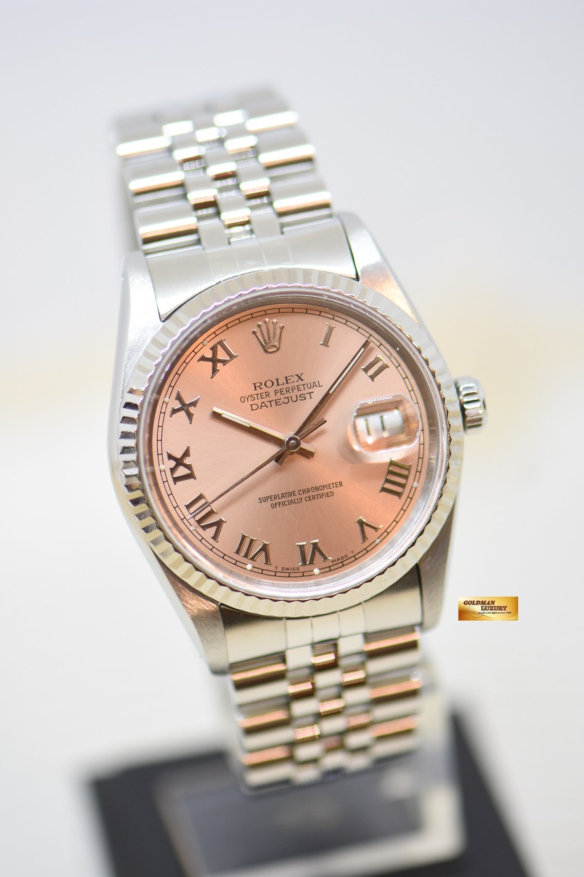 [SOLD] ROLEX OYSTER DATEJUST 36mm STEEL IN JUBILEE BRACELET SALMON ROMAN DIAL 16234 (QUICKSET-DATE) (MINT)