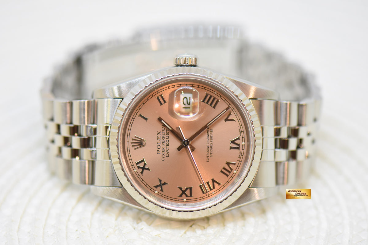 [SOLD] ROLEX OYSTER DATEJUST 36mm STEEL IN JUBILEE BRACELET SALMON ROMAN DIAL 16234 (QUICKSET-DATE) (MINT)