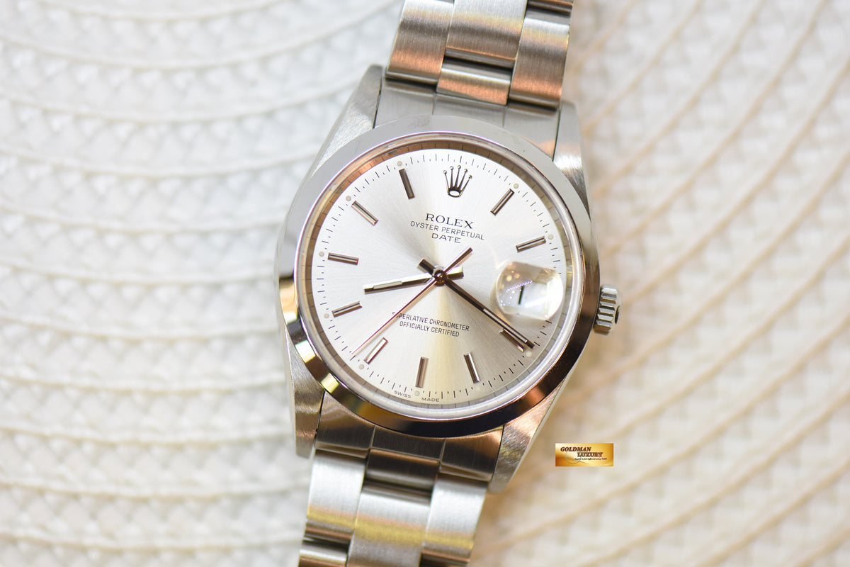 [SOLD] ROLEX OYSTER PERPETUAL DATE 34mm STEEL IN BRACELET SILVER DIAL 15200 (QUICKSET-DATE) (MINT)