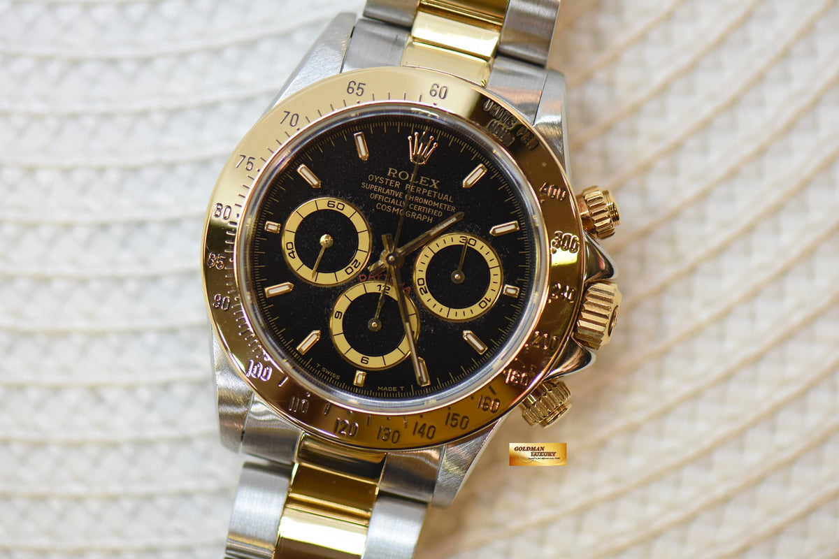 [SOLD] ROLEX OYSTER PERPETUAL DAYTONA ZENITH MVT CHRONOGRAPH 40mm HALF-GOLD IN OYSTER BRACELET BLACK AGED DIAL 16523 (AGED PERTINA)