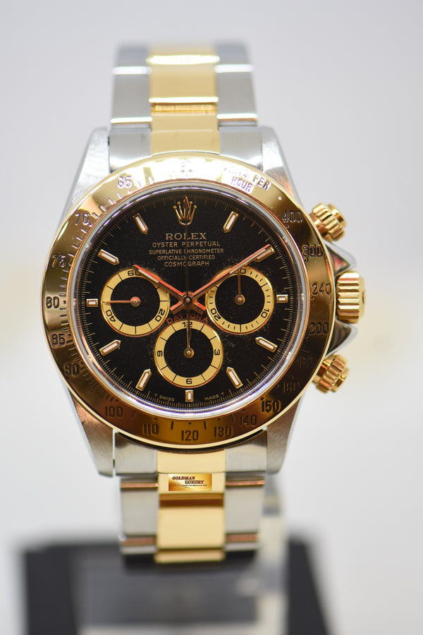 [SOLD] ROLEX OYSTER PERPETUAL DAYTONA ZENITH MVT CHRONOGRAPH 40mm HALF-GOLD IN OYSTER BRACELET BLACK AGED DIAL 16523 (AGED PERTINA)