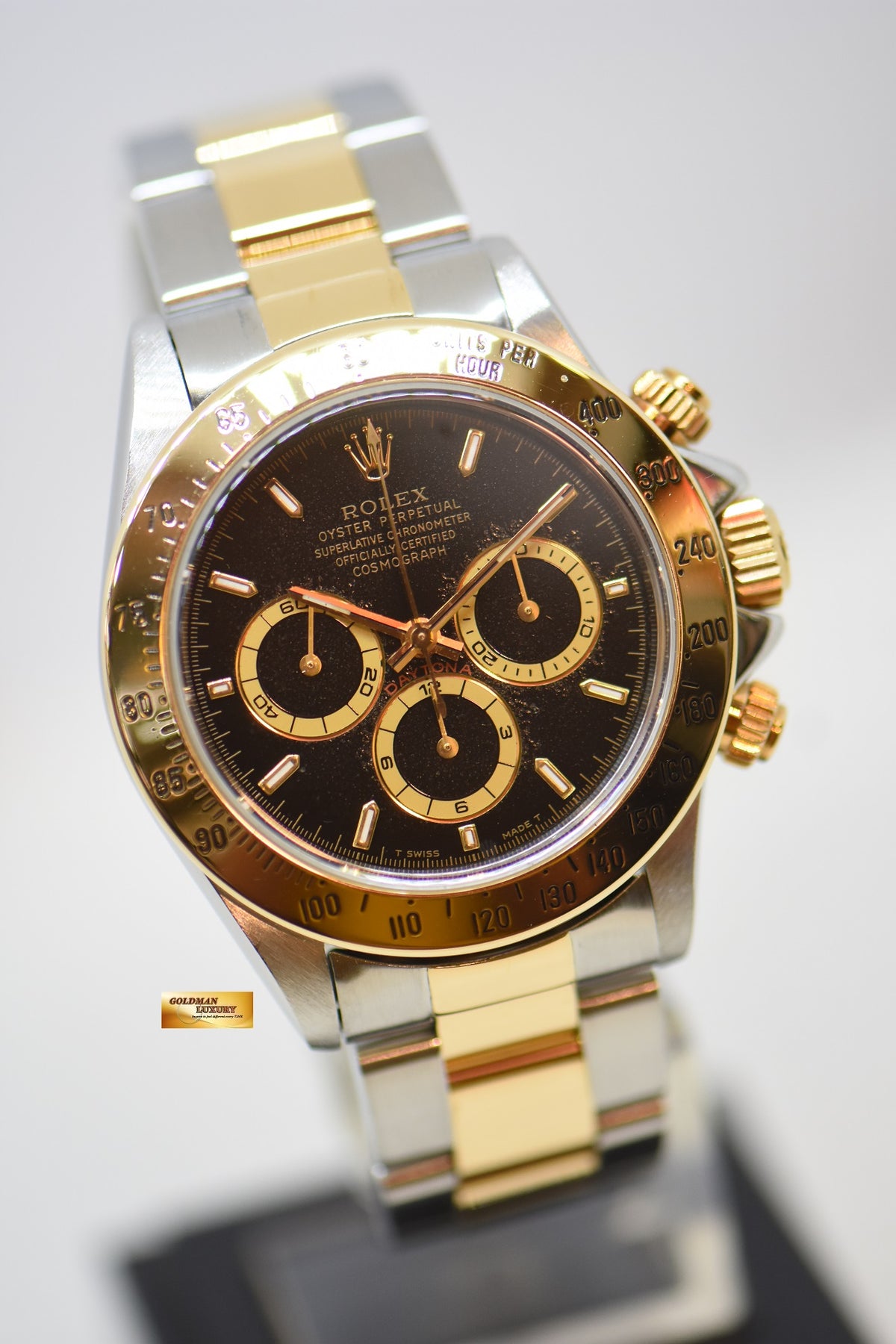 [SOLD] ROLEX OYSTER PERPETUAL DAYTONA ZENITH MVT CHRONOGRAPH 40mm HALF-GOLD IN OYSTER BRACELET BLACK AGED DIAL 16523 (AGED PERTINA)
