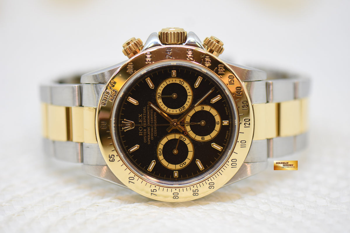 [SOLD] ROLEX OYSTER PERPETUAL DAYTONA ZENITH MVT CHRONOGRAPH 40mm HALF-GOLD IN OYSTER BRACELET BLACK AGED DIAL 16523 (AGED PERTINA)