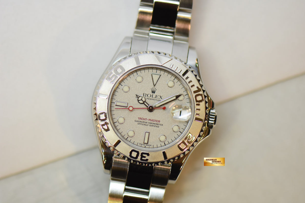 [SOLD] ROLEX OYSTER PERPETUAL YACHT-MASTER 35mm LADIES MIDSIZE STEEL IN BRACELET PLATINUM DIAL / BEZEL 168622 (MINT)