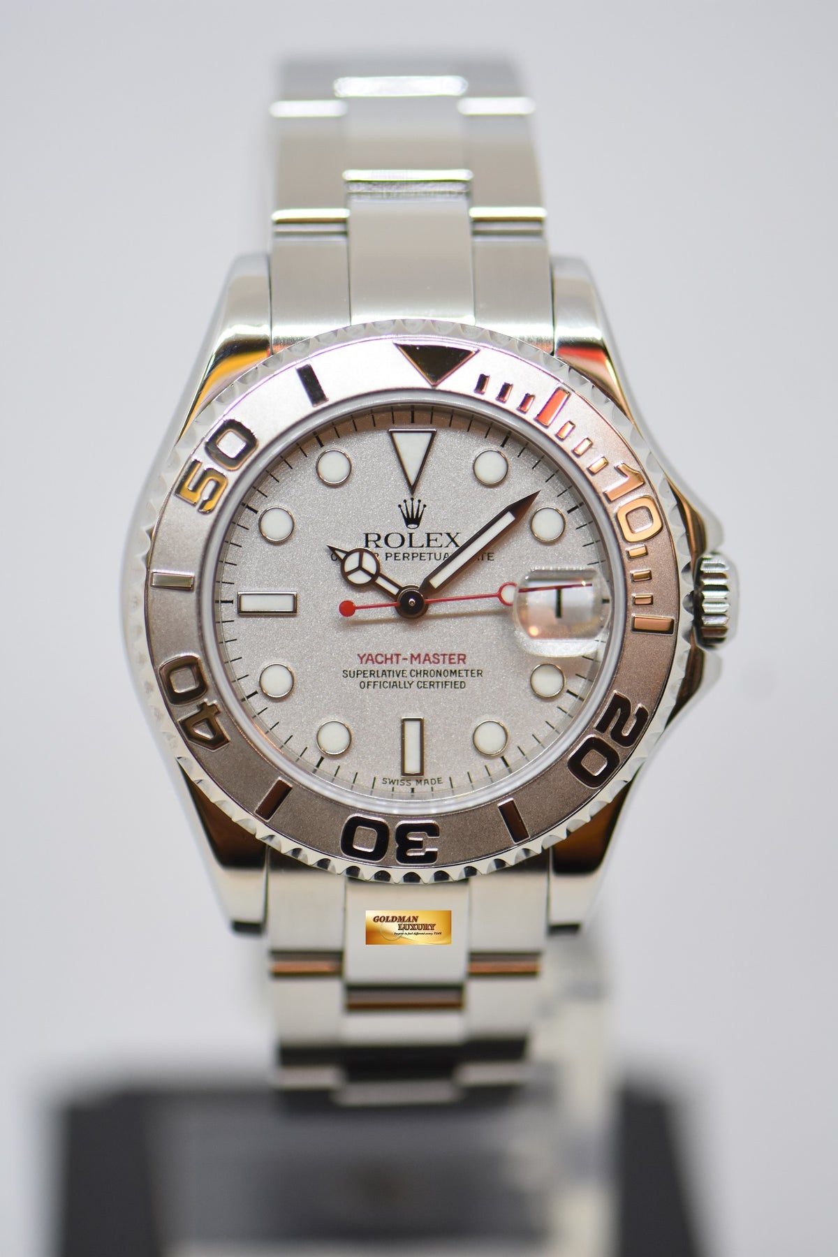 [SOLD] ROLEX OYSTER PERPETUAL YACHT-MASTER 35mm LADIES MIDSIZE STEEL IN BRACELET PLATINUM DIAL / BEZEL 168622 (MINT)