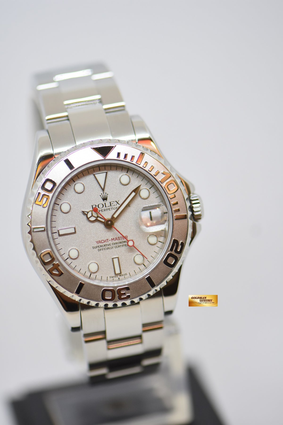[SOLD] ROLEX OYSTER PERPETUAL YACHT-MASTER 35mm LADIES MIDSIZE STEEL IN BRACELET PLATINUM DIAL / BEZEL 168622 (MINT)