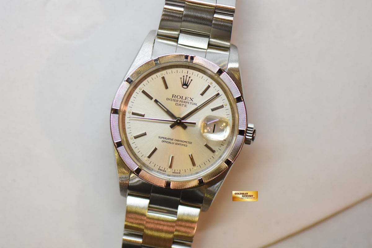 [SOLD] ROLEX OYSTER PERPETUAL DATE 34mm STEEL IN BRACELET ENGINE-TURN BEZEL SILVER DIAL 15210 (QUICKSET-DATE) (MINT)