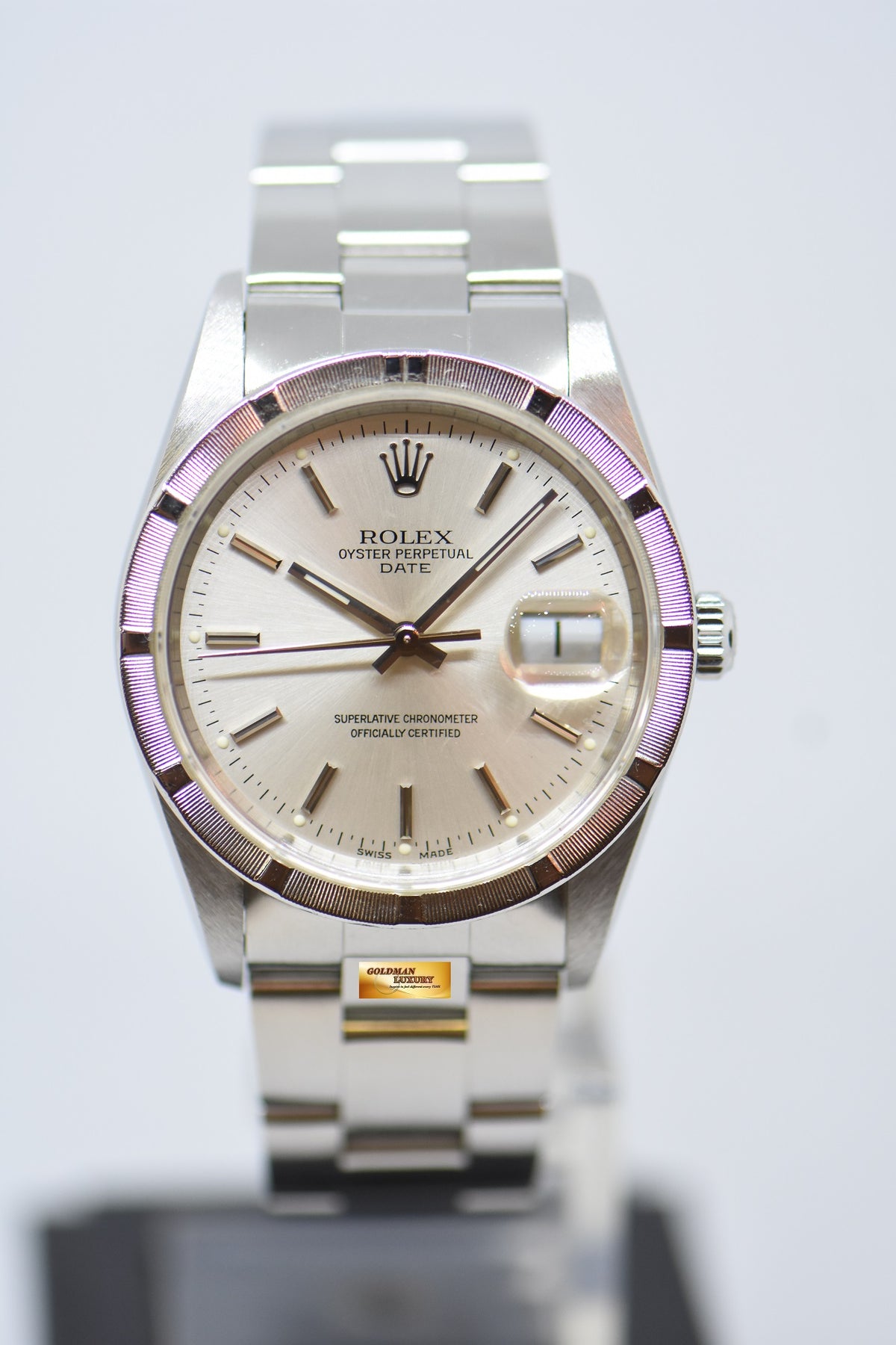 [SOLD] ROLEX OYSTER PERPETUAL DATE 34mm STEEL IN BRACELET ENGINE-TURN BEZEL SILVER DIAL 15210 (QUICKSET-DATE) (MINT)