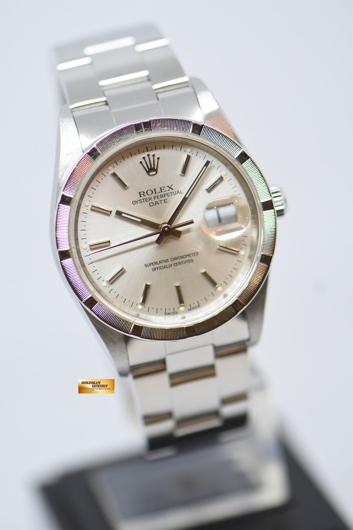 [SOLD] ROLEX OYSTER PERPETUAL DATE 34mm STEEL IN BRACELET ENGINE-TURN BEZEL SILVER DIAL 15210 (QUICKSET-DATE) (MINT)