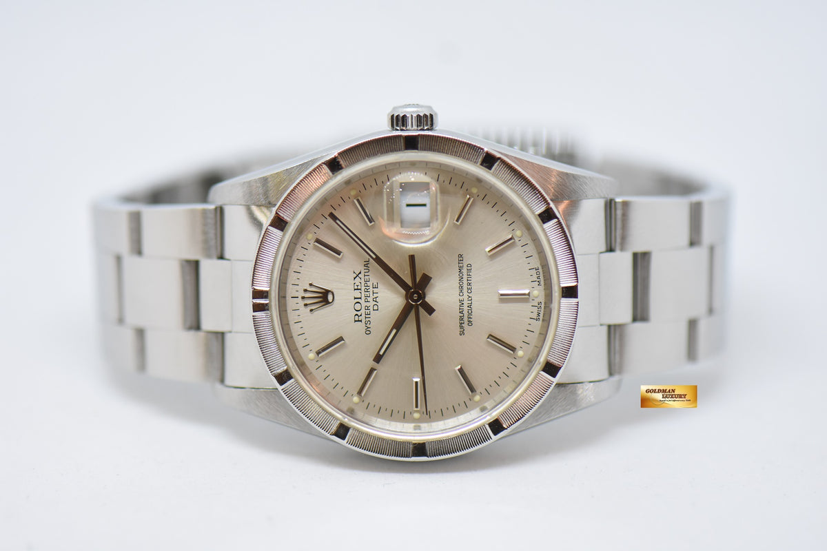 [SOLD] ROLEX OYSTER PERPETUAL DATE 34mm STEEL IN BRACELET ENGINE-TURN BEZEL SILVER DIAL 15210 (QUICKSET-DATE) (MINT)