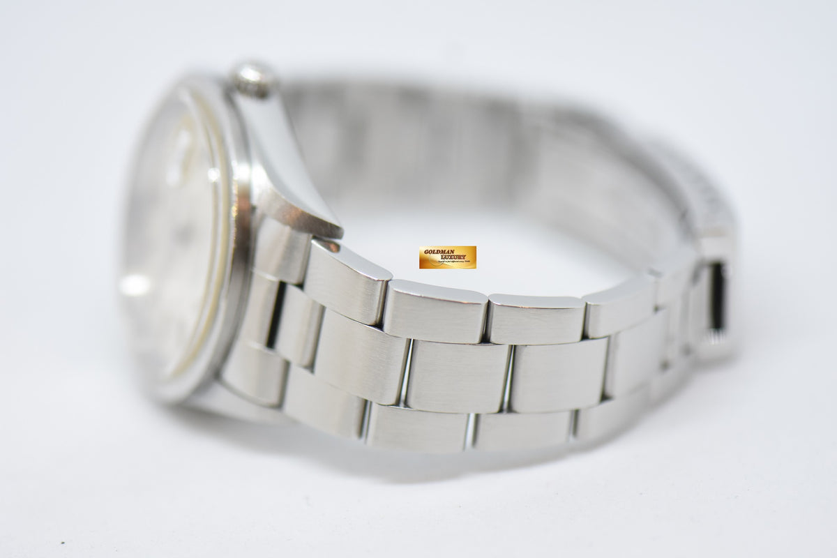 [SOLD] ROLEX OYSTER PERPETUAL DATE 34mm STEEL IN BRACELET ENGINE-TURN BEZEL SILVER DIAL 15210 (QUICKSET-DATE) (MINT)