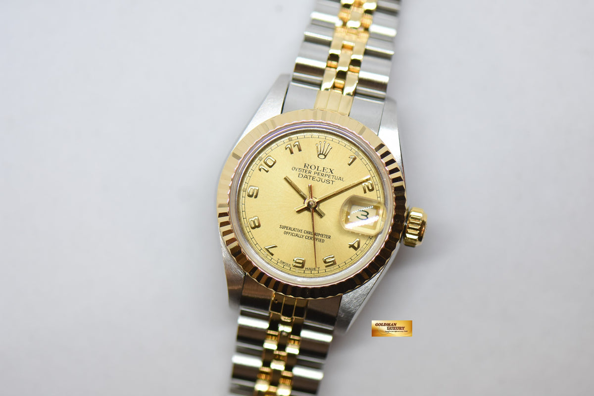 [SOLD] ROLEX OYSTER DATEJUST 26mm HALF-GOLD IN JUBILEE BRACELET GOLD ARABIC DIAL 69173 (MINT)