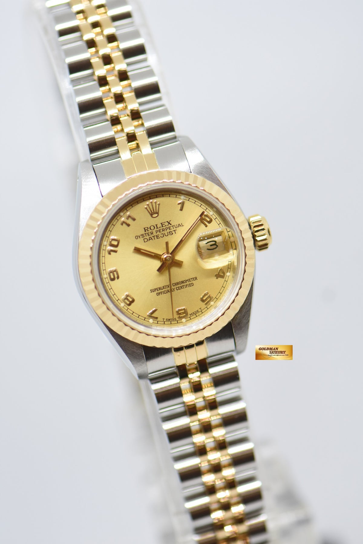 [SOLD] ROLEX OYSTER DATEJUST 26mm HALF-GOLD IN JUBILEE BRACELET GOLD ARABIC DIAL 69173 (MINT)