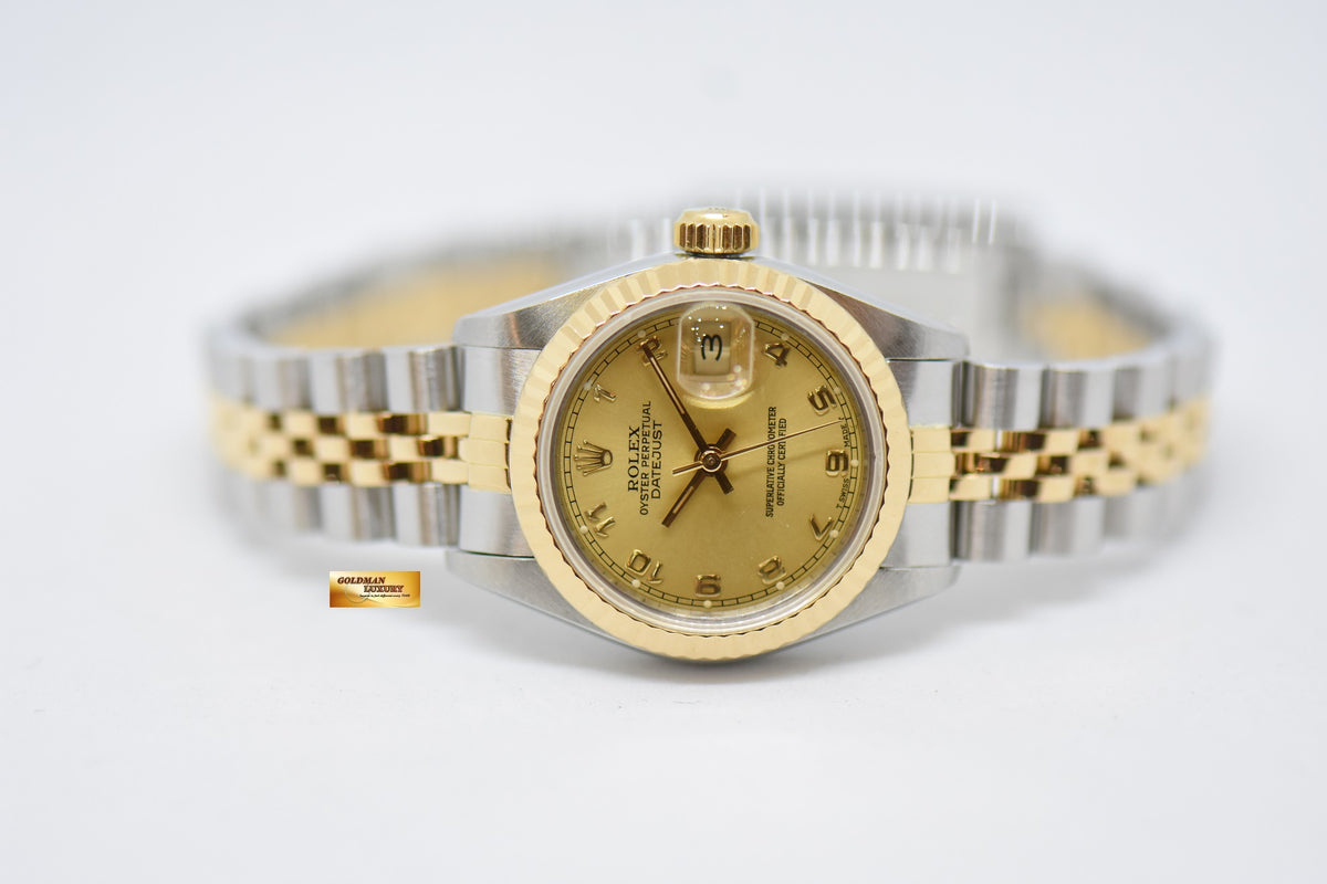 [SOLD] ROLEX OYSTER DATEJUST 26mm HALF-GOLD IN JUBILEE BRACELET GOLD ARABIC DIAL 69173 (MINT)