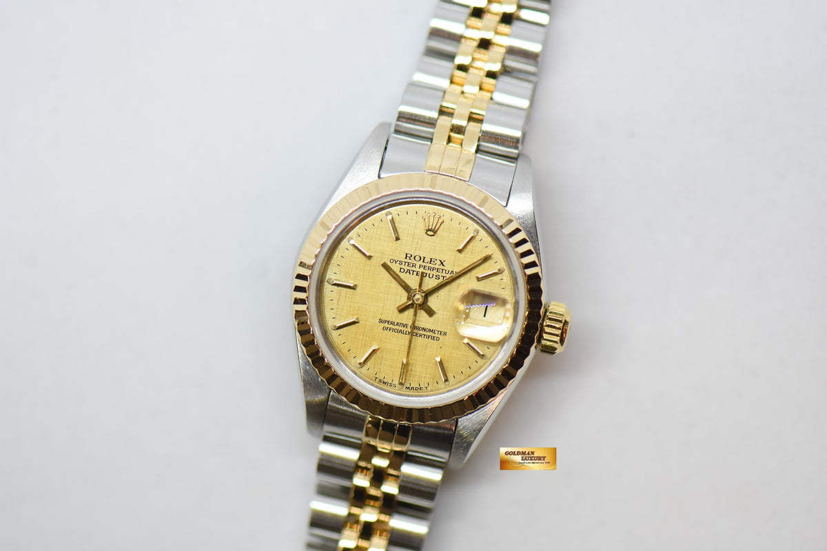 [SOLD] ROLEX OYSTER DATEJUST 26mm HALF-GOLD IN JUBILEE BRACELET GOLD LINEN DIAL 69173 (MINT)
