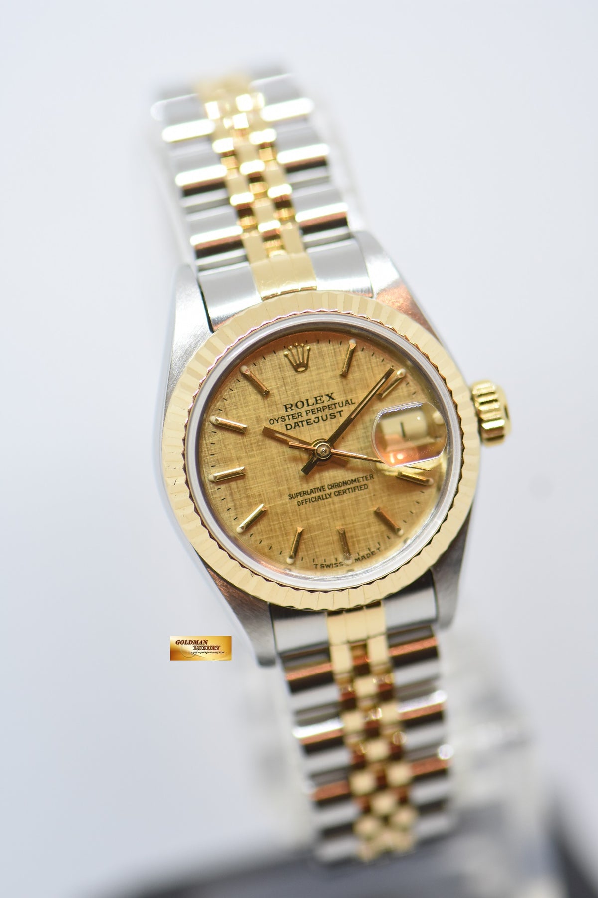 [SOLD] ROLEX OYSTER DATEJUST 26mm HALF-GOLD IN JUBILEE BRACELET GOLD LINEN DIAL 69173 (MINT)