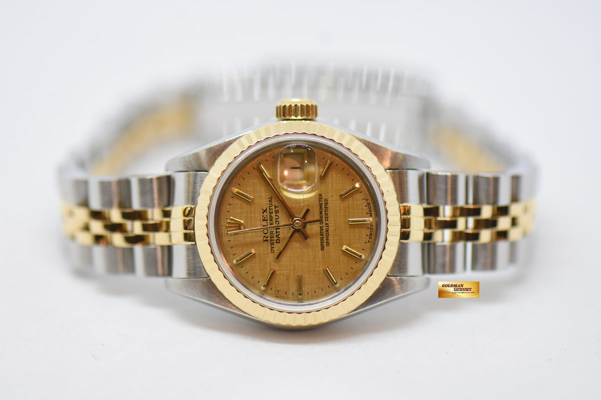 [SOLD] ROLEX OYSTER DATEJUST 26mm HALF-GOLD IN JUBILEE BRACELET GOLD LINEN DIAL 69173 (MINT)
