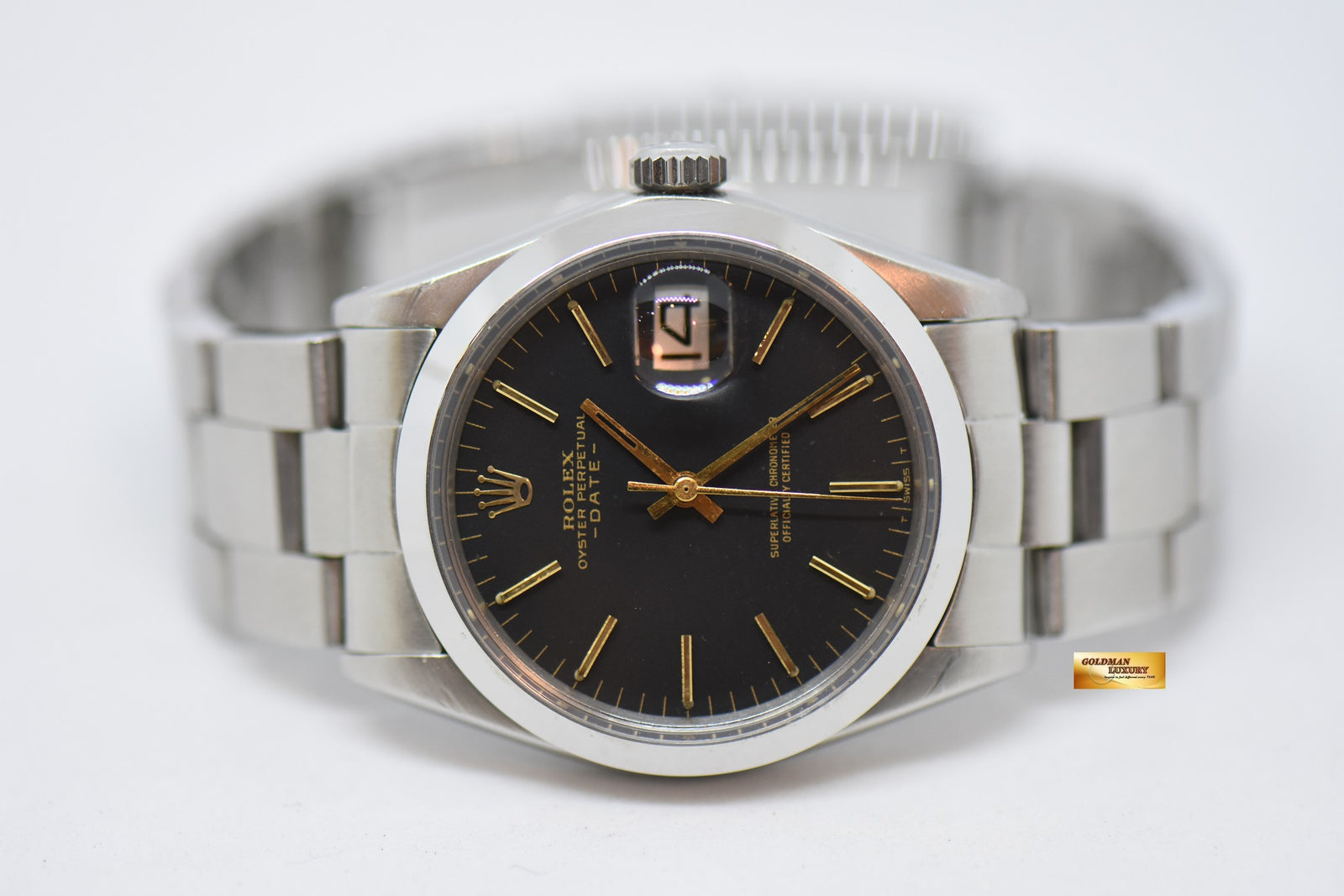 SOLD ROLEX OYSTER PERPETUAL DATE 34mm STEEL IN BRACELET BLACK DIAL 1 Goldman Luxury