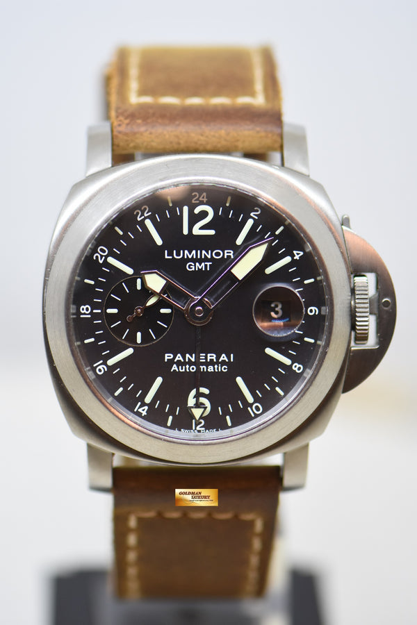 [SOLD] PANERAI LUMINOR GMT 44mm TITANIUM IN LEATHER BLUE ANTHRACITE DIAL AUTOMATIC PAM 89 (MINT)