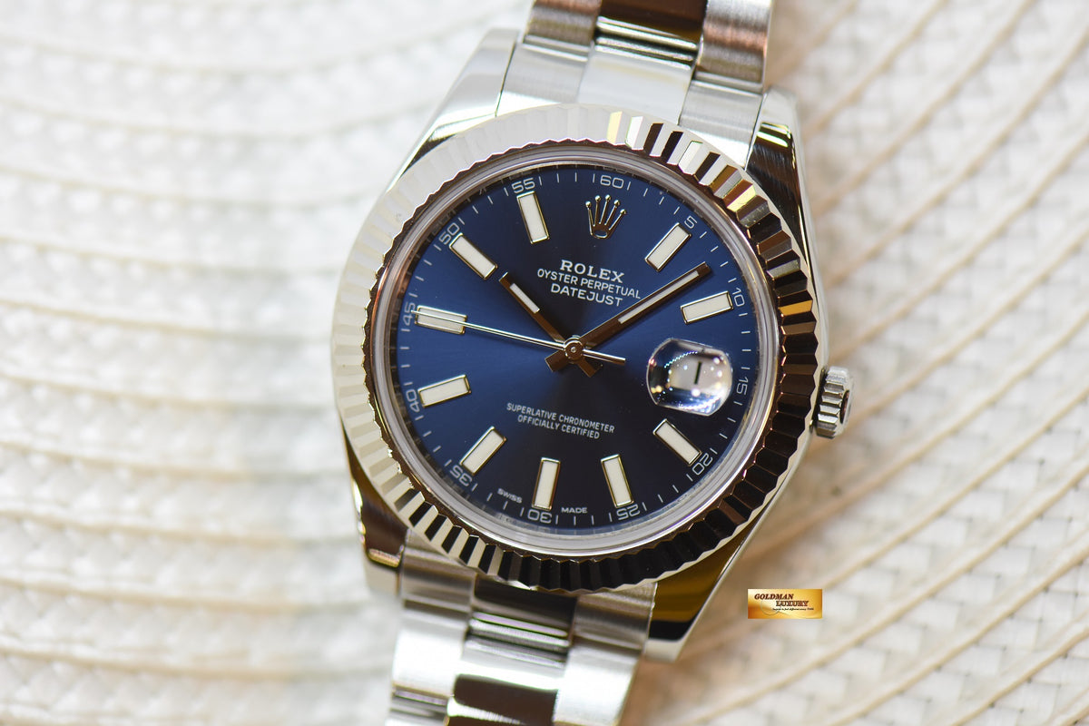 [SOLD] ROLEX OYSTER PERPETUAL DATEJUST 41mm STEEL IN OYSTER BRACELET BLUE DIAL 116334 (MINT)