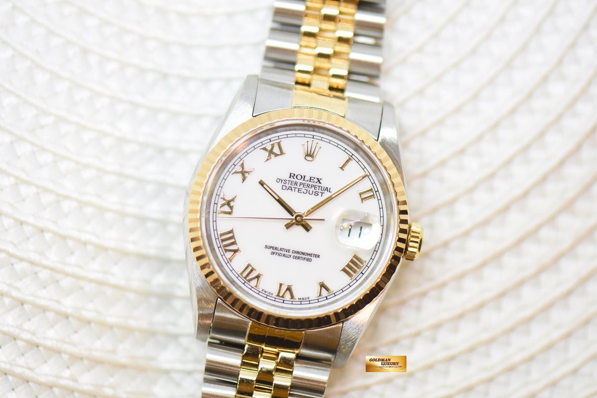 [SOLD] ROLEX OYSTER PERPETUAL DATEJUST 36mm WHITE ROMAN DIAL HALF GOLD IN JUBILEE BRACELET 16233 (MINT)