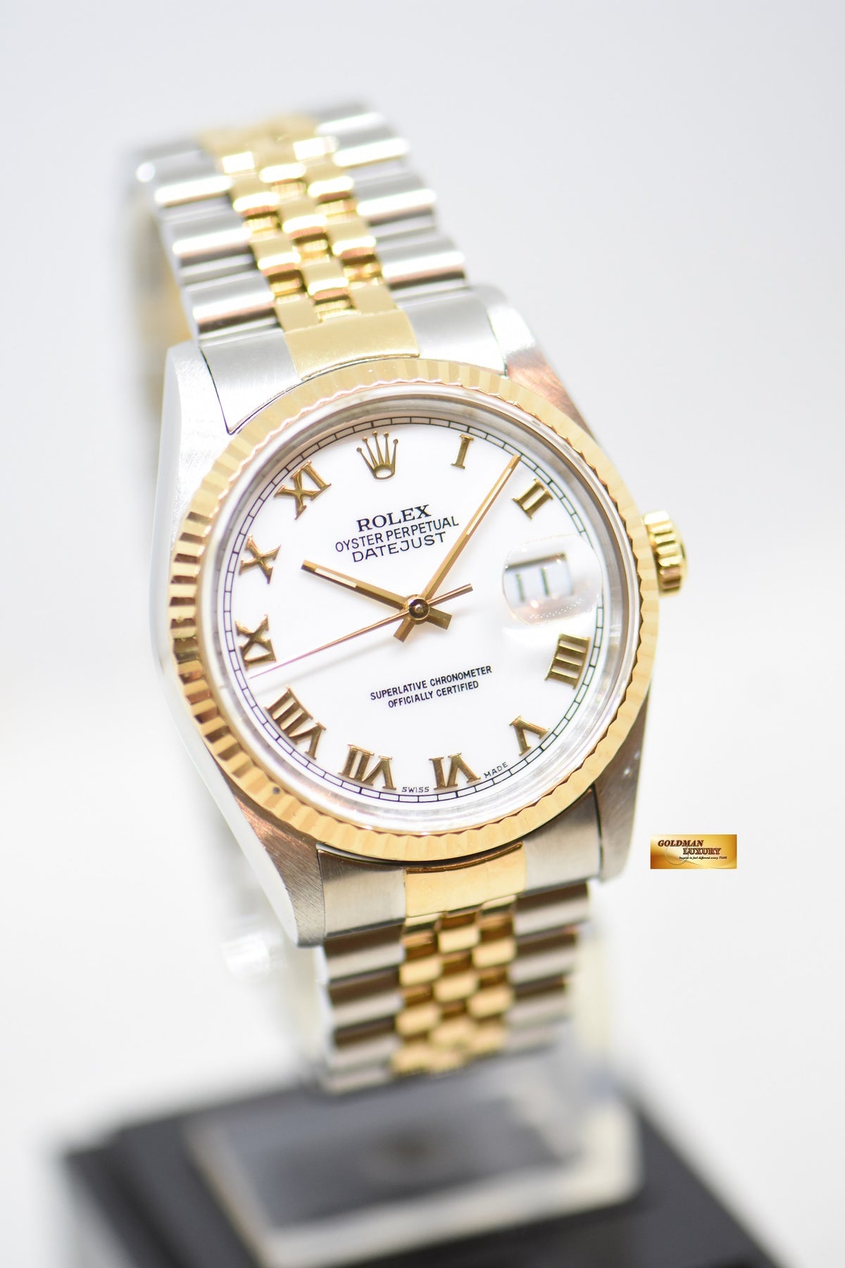 [SOLD] ROLEX OYSTER PERPETUAL DATEJUST 36mm WHITE ROMAN DIAL HALF GOLD IN JUBILEE BRACELET 16233 (MINT)