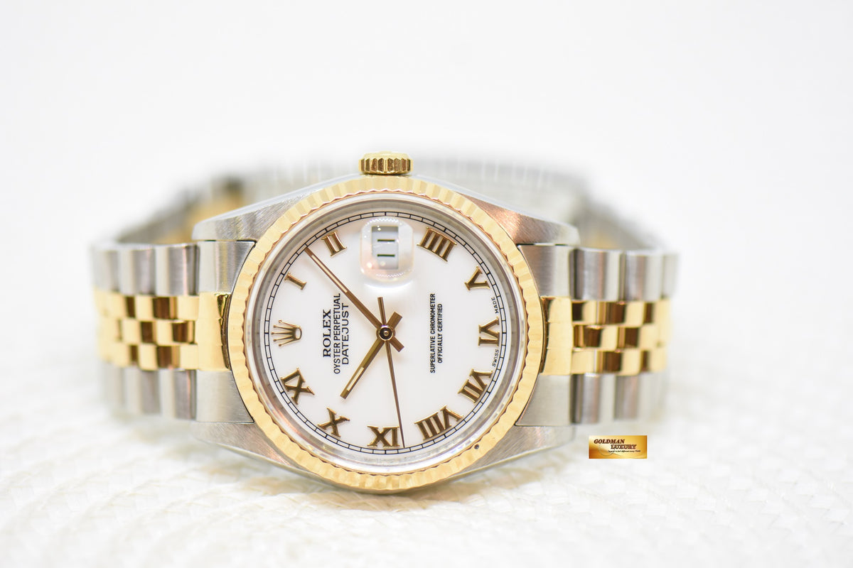 [SOLD] ROLEX OYSTER PERPETUAL DATEJUST 36mm WHITE ROMAN DIAL HALF GOLD IN JUBILEE BRACELET 16233 (MINT)