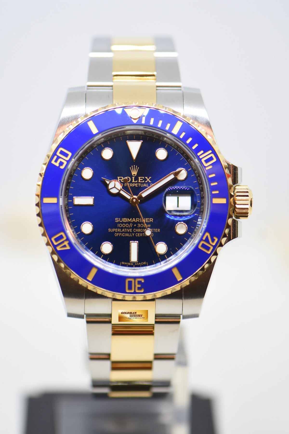 [SOLD] ROLEX OYSTER PERPETUAL SUBMARINER BLUE 40mm HALF-GOLD IN BRACELET SUNBURST BLUE CERAMIC BEZEL 116613LB (MINT)