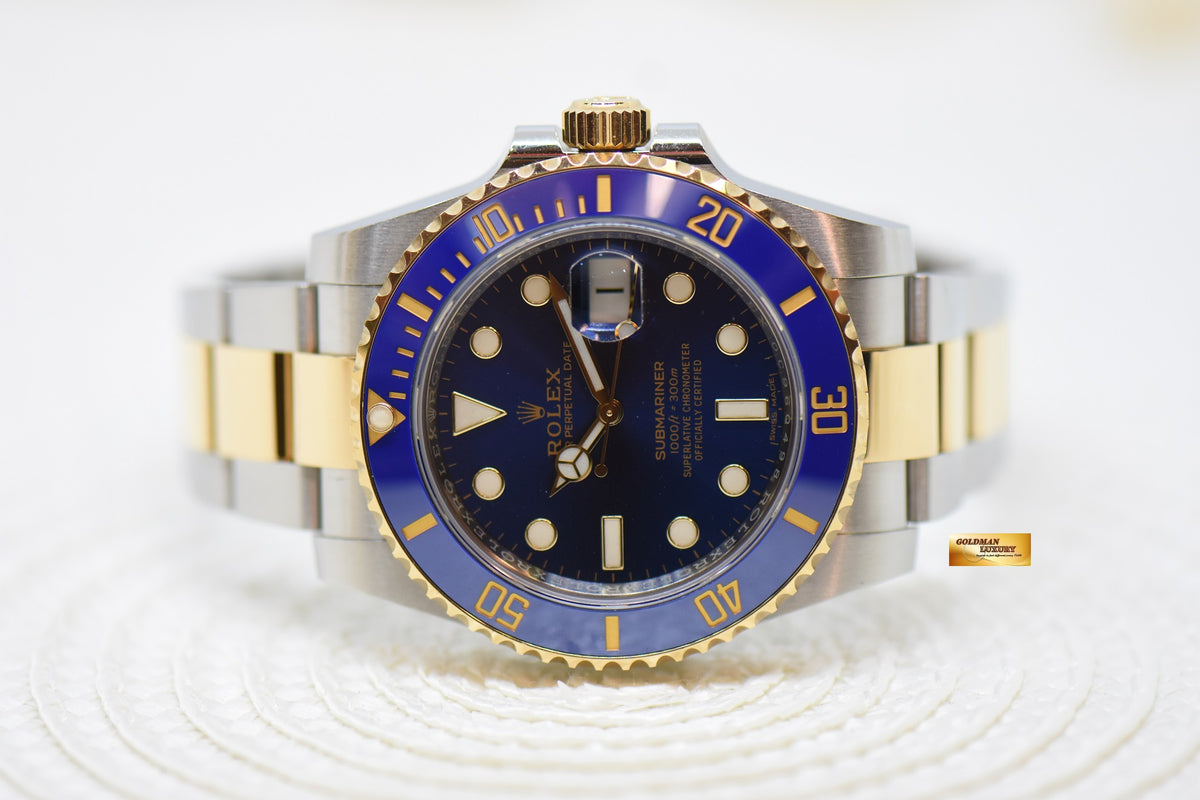 [SOLD] ROLEX OYSTER PERPETUAL SUBMARINER BLUE 40mm HALF-GOLD IN BRACELET SUNBURST BLUE CERAMIC BEZEL 116613LB (MINT)