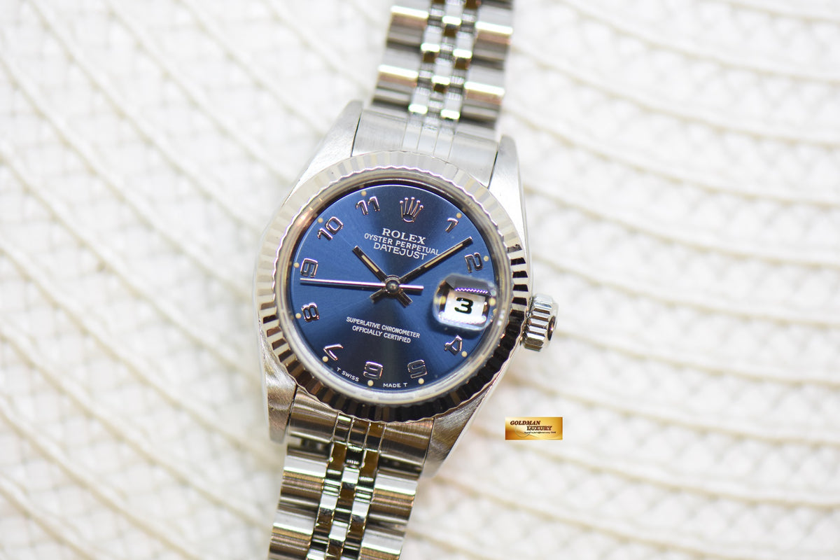 [SOLD] ROLEX OYSTER DATEJUST 26mm STEEL IN JUBILEE BRACELET BLUE ARABIC DIAL 69174 (MINT)