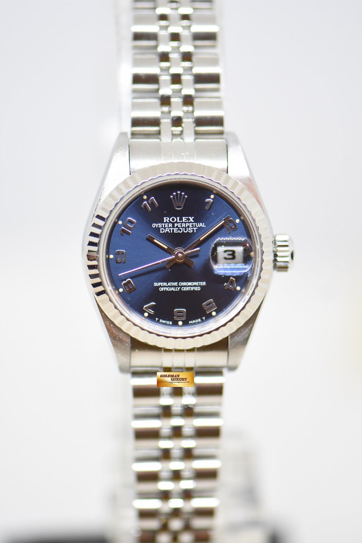 [SOLD] ROLEX OYSTER DATEJUST 26mm STEEL IN JUBILEE BRACELET BLUE ARABIC DIAL 69174 (MINT)