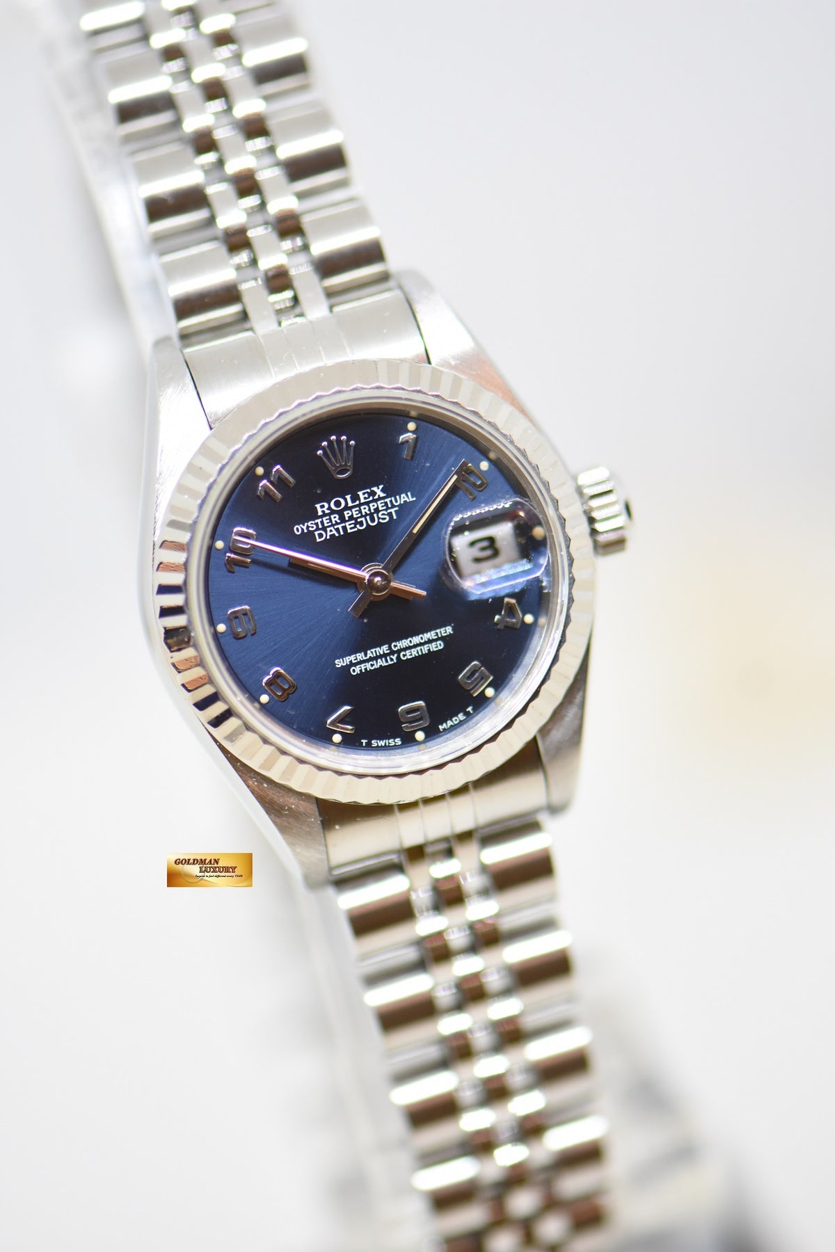 [SOLD] ROLEX OYSTER DATEJUST 26mm STEEL IN JUBILEE BRACELET BLUE ARABIC DIAL 69174 (MINT)