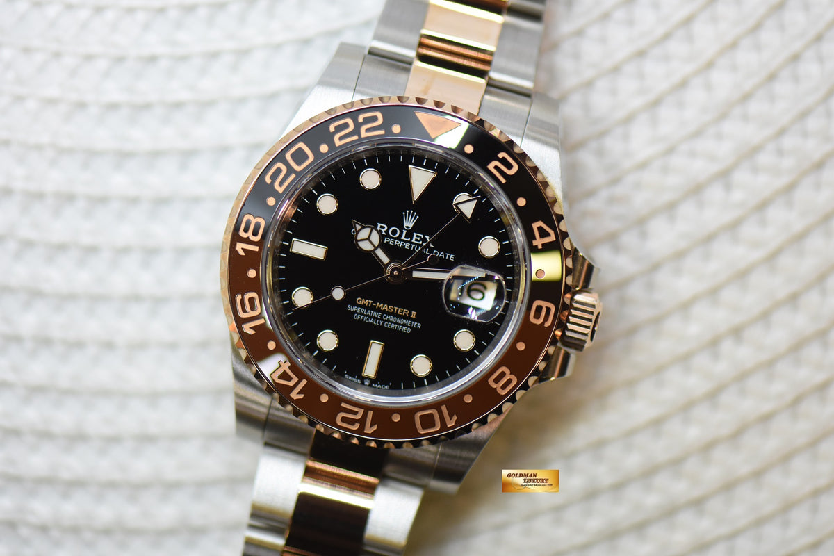 [SOLD] ROLEX OYSTER PERPETUAL GMT-MASTER II “ROOT-BEER” CERAMIC BROWN BEZEL EVEROSE GOLD / STEEL BRACELET 126711CHNR (LNIB)