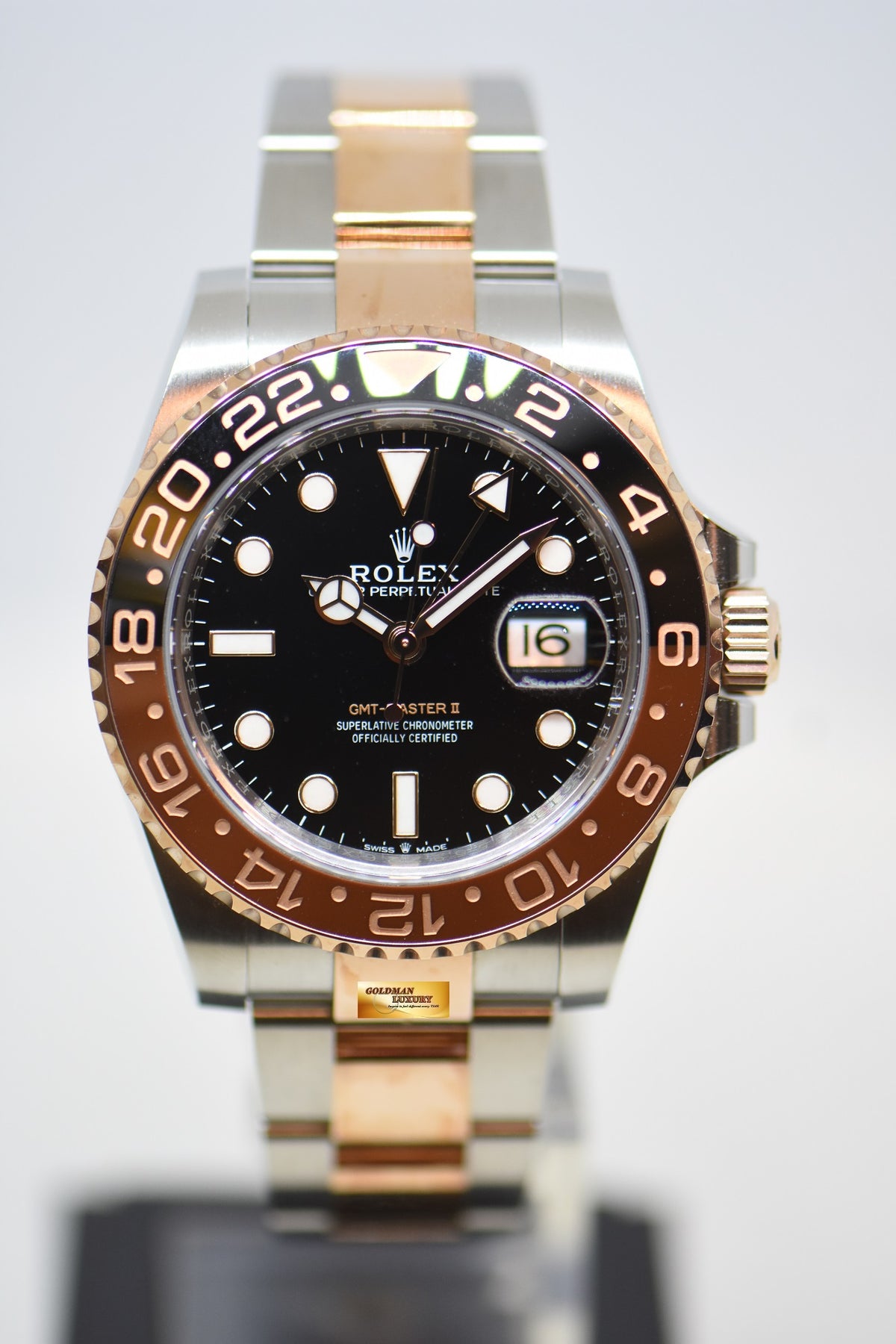 [SOLD] ROLEX OYSTER PERPETUAL GMT-MASTER II “ROOT-BEER” CERAMIC BROWN BEZEL EVEROSE GOLD / STEEL BRACELET 126711CHNR (LNIB)