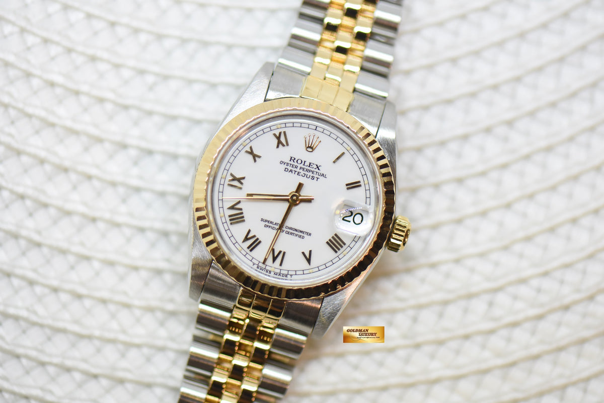 [SOLD] ROLEX OYSTER PERPETUAL DATEJUST 31mm WHITE ROMAN DIAL HALF GOLD IN JUBILEE BRACELET 68273 (MINT)