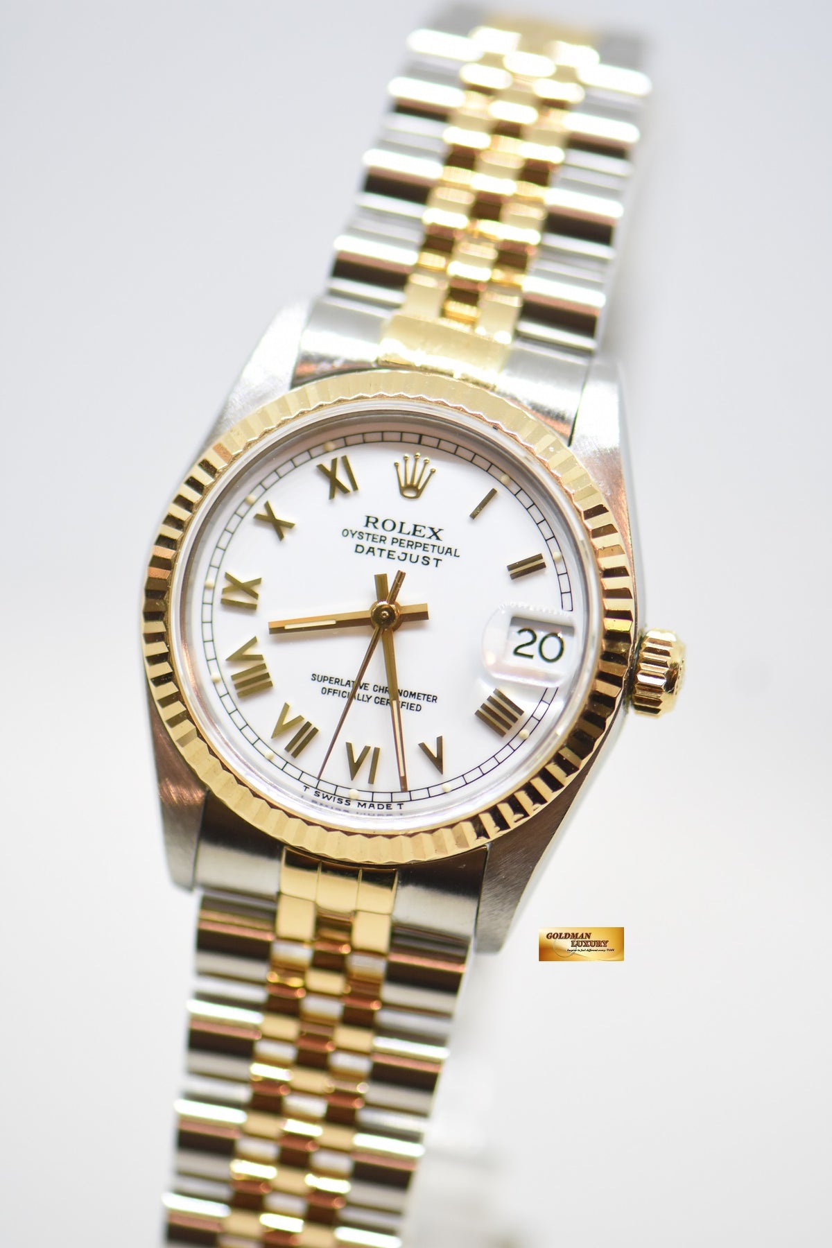 [SOLD] ROLEX OYSTER PERPETUAL DATEJUST 31mm WHITE ROMAN DIAL HALF GOLD IN JUBILEE BRACELET 68273 (MINT)