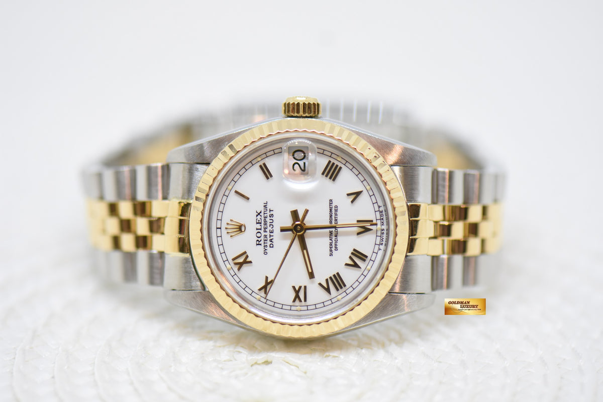 [SOLD] ROLEX OYSTER PERPETUAL DATEJUST 31mm WHITE ROMAN DIAL HALF GOLD IN JUBILEE BRACELET 68273 (MINT)