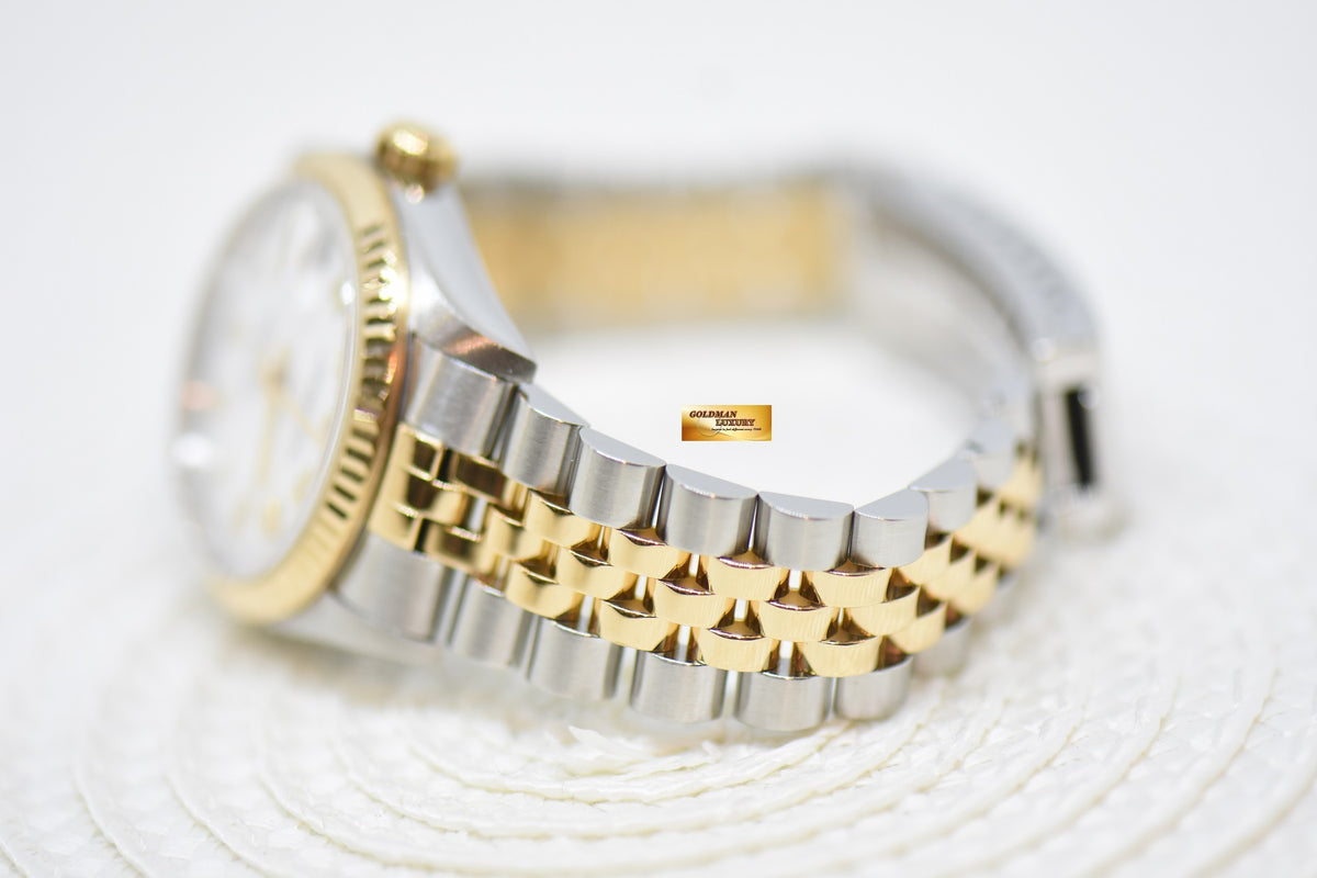 [SOLD] ROLEX OYSTER PERPETUAL DATEJUST 31mm WHITE ROMAN DIAL HALF GOLD IN JUBILEE BRACELET 68273 (MINT)