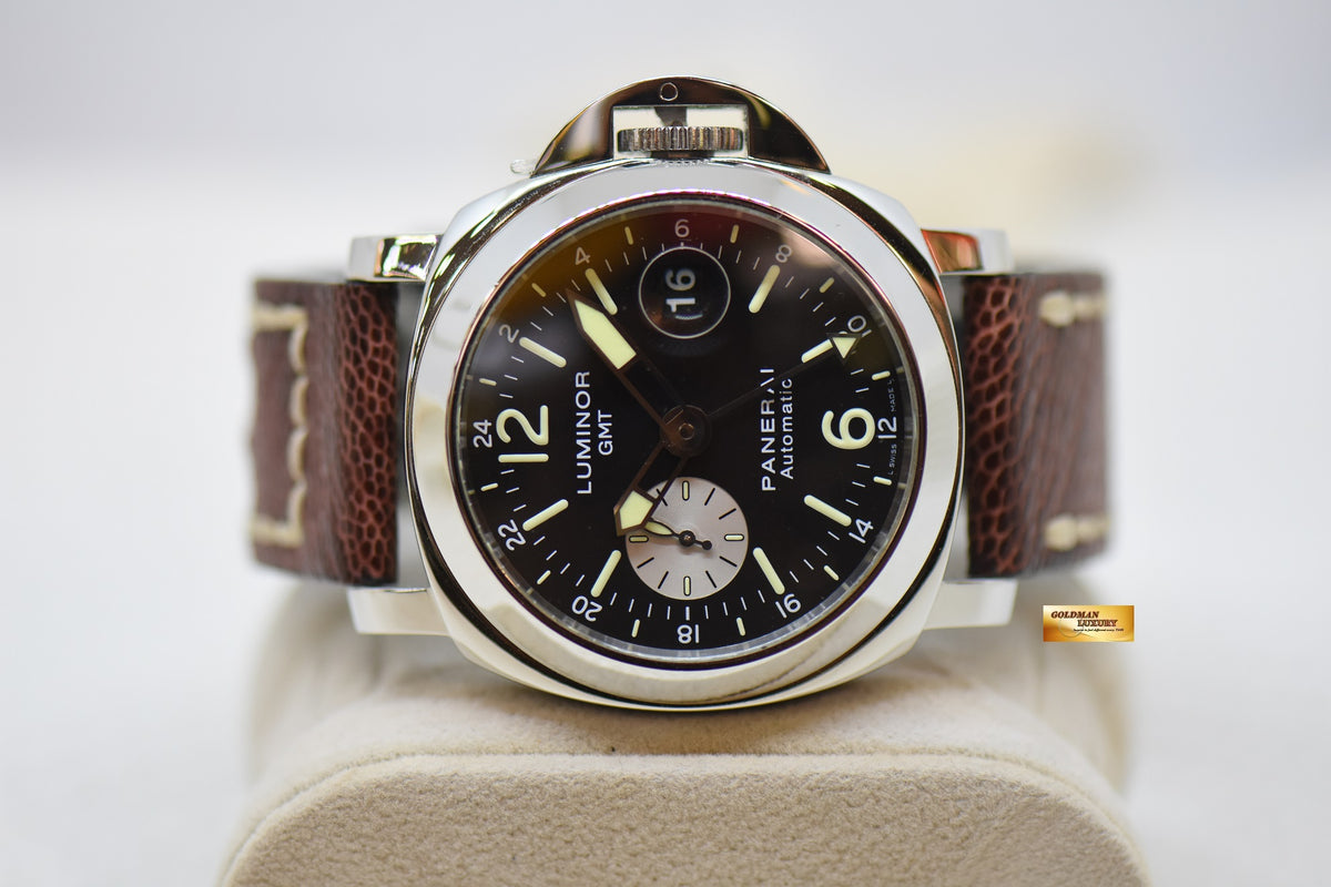 [SOLD] PANERAI LUMINOR GMT 44mm STEEL IN LEATHER BLACK DIAL AUTOMATIC PAM 88 (MINT)