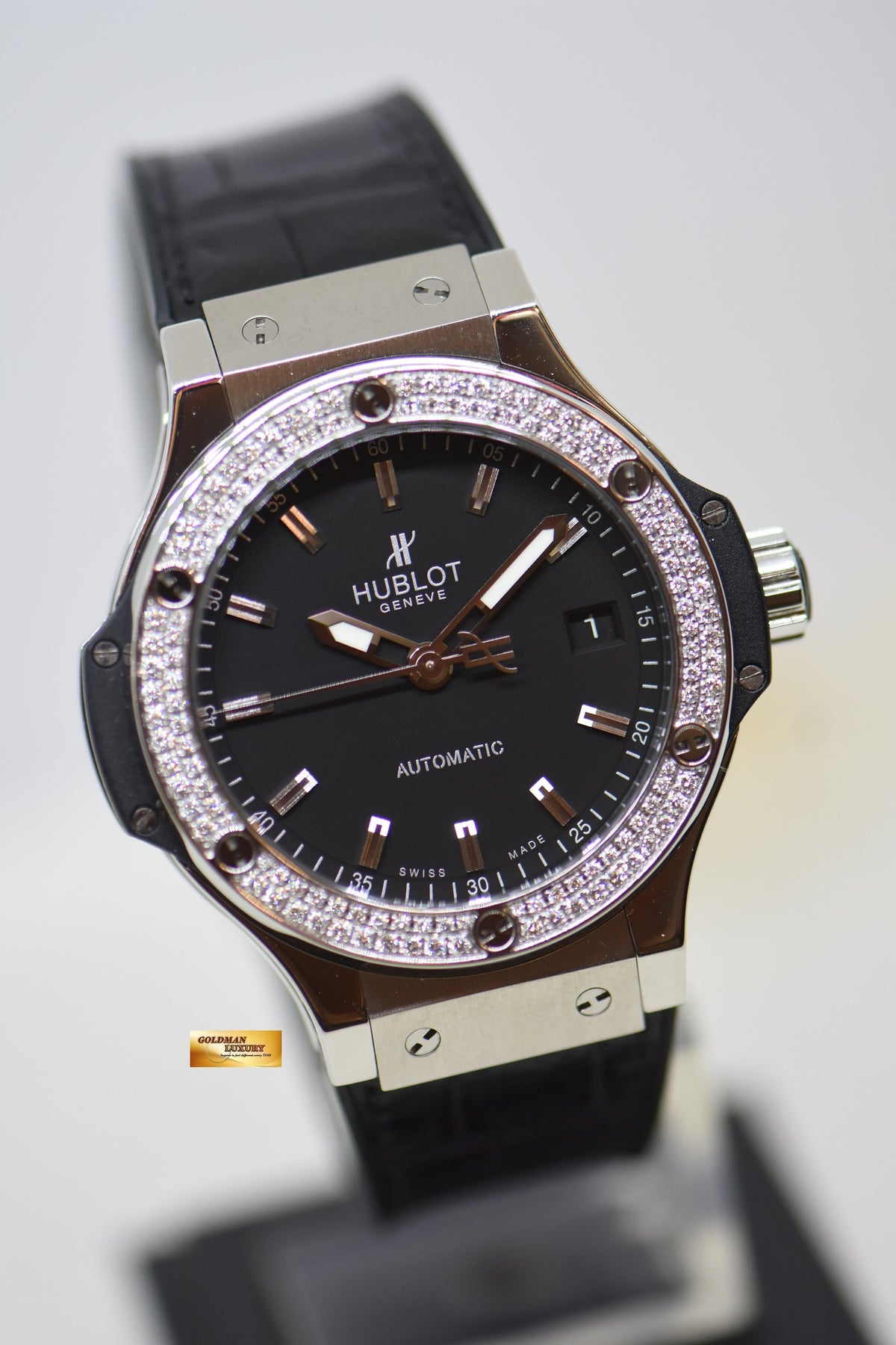 [SOLD] HUBLOT BIG BANG ORIGINAL DIAMOND BEZEL MEN’S 38mm STEEL IN LEATHER STRAP AUTOMATIC 365.SX.1170.LR.1104 (MINT)