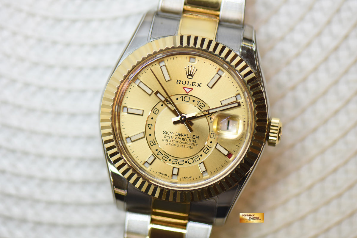 [SOLD] ROLEX OYSTER PERPETUAL SKY-DWELLER ANNUAL CALENDAR GMT GOLD / STEEL CHAMPAGNE GOLD DIAL 326933 (MINT-RX8 STICKERS ON)