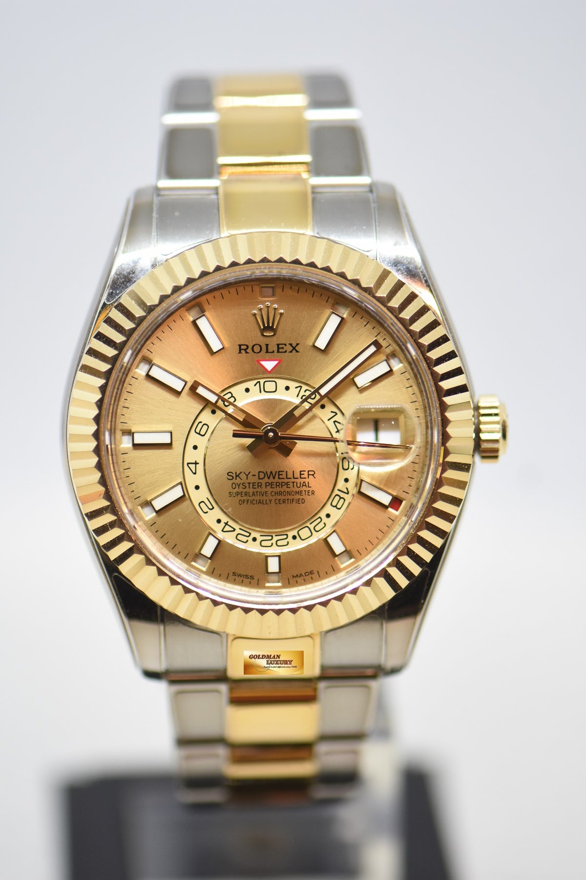 [SOLD] ROLEX OYSTER PERPETUAL SKY-DWELLER ANNUAL CALENDAR GMT GOLD / STEEL CHAMPAGNE GOLD DIAL 326933 (MINT-RX8 STICKERS ON)