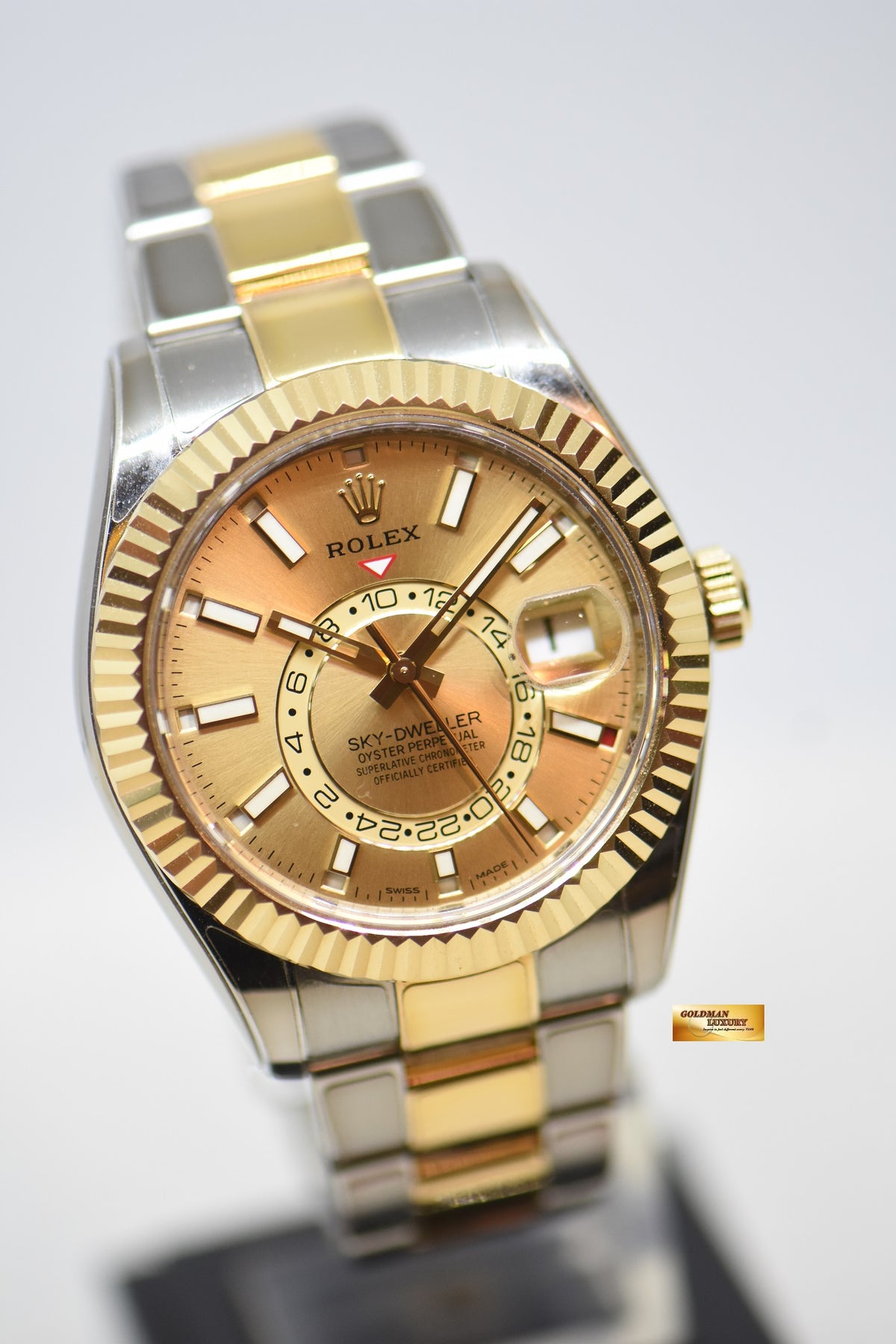 [SOLD] ROLEX OYSTER PERPETUAL SKY-DWELLER ANNUAL CALENDAR GMT GOLD / STEEL CHAMPAGNE GOLD DIAL 326933 (MINT-RX8 STICKERS ON)